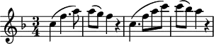 \version "2.18.2"
\header {
tagline = ##f
% composer = "Mozart"
% opus = "K. 622"
% meter = "Adagio"
}
\score {
<<
\relative c'' {
\key f \major
\time 3/4
\override TupletBracket #'bracket-visibility = ##f
%\autoBeamOff
%%%%%% K622
c4( f4. a8) a8( g) f4 r4 c4.( f8 a c) c( bes) a4 r4
}
>>
\layout {
#(layout-set-staff-size 17)
\context { \Score \remove "Metronome_mark_engraver"
\override SpacingSpanner.common-shortest-duration = #(ly:make-moment 1/2)
}
}
\midi { \set Staff.midiInstrument = #"clarinet" }
}