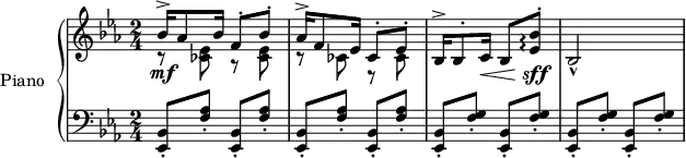 \version "2.14.2"
\header {
tagline = ##f
}
upper = \relative c'' {
\clef treble
\key ees \major
\time 2/4
\tempo 4 = 100
\tempo "Presto"
%\autoBeamOff
<< { bes16->\mf aes8 bes16 f8-. bes-. aes16-> f8 ees16 ces8-. ees-. } \\ { \repeat unfold 2 { r8 < ees ces >8 } \repeat unfold 2 { r8 ces8 } } >>
bes16^> bes8^. c16\< bes8 < bes'^. ees, >8\arpeggio\sff bes,2-^
}
lower = \relative c {
\clef bass
\key ees \major
\time 2/4
\repeat unfold 4 {< bes-. ees, >8 < aes'-. f >8 }
\repeat unfold 4 {< bes,-. ees, >8 < g'-. f >8 }
}
\score {
\new PianoStaff <<
\set PianoStaff.instrumentName = #"Piano"
\new Staff = "upper" \upper
\new Staff = "lower" \lower
>>
\layout {
\context {
\Score
\remove "Metronome_mark_engraver"
}
}
\midi { }
}