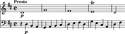 <<
\new Staff
\relative c' {
\version "2.18.2"
\key d \major
\tempo "Presto"
\time 2/2
d1\p g fis e\trill d2
}
\new Staff
\relative c' {
\clef bass
\key d \major
\time 2/2
r4 d,4\p b a
g a b cis
d e fis d
g e cis a
d fis
}
>>
