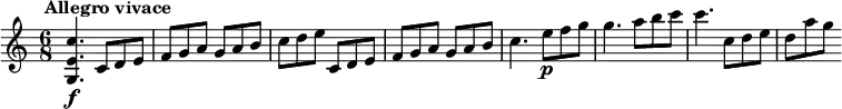 \version "2.18.2"
\relative c'' {
\tempo " Allegro vivace"
\key c \major
\time 6/8
\tempo 4 = 200
<g, e' c'>4. \f c8 d e
f g a g a b
c d e c, d e
f g a g a b
c4. e8 \p f g
g4. a8 b c
c4. c,8 d e
d a' g
}