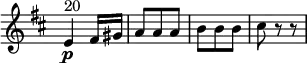 \relative c'' {
\version "2.18.2"
\key d \major
\time 3/8
\omit Staff.TimeSignature
e,4\p^ \markup{ 20} fis16 gis a8 a a b b b cis r8 r8
}