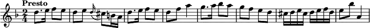 \relative c' {
\version "2.18.2"
\key f \major
\tempo "Presto"
\time 2/4
d'8. e16 f8 e
d e \grace d16 (cis8) b16 a
d8. e16 f8 e
d f a4
g8. a16 bes8 a
g f e d
cis16 d e cis d e f d
e8 bes' a,4
}