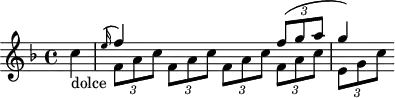 \header {
tagline = ##f
}
\score {
\new Staff \with {
}
<<
\relative c' {
\key f \major
\time 4/4
\override TupletBracket #'bracket-visibility = ##f
\autoBeamOff
%%%%%%%%%%%%%%%%%%%%%%%%%% K30 Il faut retourner les queue de note de la voix supérieure. Comment ?
\partial 4 c'-"dolce"
<<
\new Voice
\relative c'
{ \voiceOne
\grace e'16( f4) s2 {\times 2/3 { f8( g a }} g4)
}
\new Voice
\relative c''
{ \voiceTwo
\times 2/3 { f,8 a c } \times 2/3{ f,8 a c } \times 2/3{ f,8 a c } \times 2/3{ f,8 a c } \times 2/3{ e, g c }
}
>>
}
>>
\layout {
\context {
\remove "Metronome_mark_engraver"
}
}
\midi {}
}