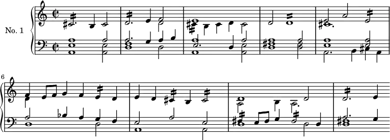\version "2.18.2"
\header {
tagline = ##f
}
Mordcblanche = { \tag #'print { cis2:16 } \tag #'midi { cis16 b cis4. } }
Mordeblanche = { \tag #'print { e2:16 } \tag #'midi { e16 d e4. } }
Mordfblanche = { \tag #'print { fis2:16 } \tag #'midi { fis16 e fis4. } }
Mordbblanche = { \tag #'print { cis,2.:16 } \tag #'midi { cis16 b cis4.~ cis4 } }
Morddblanche = { \tag #'print { d2.:16 } \tag #'midi { d16 cis d4.~ d4 } }
Morddronde = { \tag #'print { d1:16 } \tag #'midi { d16 cis d4.~ d2 } }
Mordbnoire = { \tag #'print { cis4:16 } \tag #'midi { cis32 b cis8. } }
Mordenoire = { \tag #'print { e4:16 } \tag #'midi { e32 d e8. } }
Mordfnoire = { \tag #'print { fis'4:16 } \tag #'midi { fis32 e fis8. } }
upper = \relative c'' {
\clef treble
\key a \minor
\time 3/2
\set Staff.timeSignatureFraction = 2/2
\autoBeamOff
\tempo 2 = 110
\set Staff.midiInstrument = #"harpsichord"
\Mordbblanche b4 cis2 \Morddblanche e4
<< { f2 e1 } \\ { d2 \Mordbnoire b4 cis d cis2 } >>
d2 \Morddronde
<< { e2 a \Mordeblanche } \\ { cis1. } >>
<< { f4 e8 f g4 f \Mordenoire d4 } \\ { d4 } >>
e d \Mordbnoire b4 \Mordcblanche
<< { d1 d2 } \\ { a2 b4 a2. } >>
\Morddblanche e4
}
lower = \relative c {
\clef bass
\key a \minor
\time 3/2
\set Staff.timeSignatureFraction = 2/2
\set Staff.midiInstrument = #"harpsichord"
<< { a'1 a2 a2. g4 a b } \\ { << e,1 a, >> << e'2 a, >> << d1 f >> d2 } >>
<< { e2. d4 a'2 } \\ { << a1 a, >> << e'2 a, >> } >>
<< { a'1 a2 } \\ { << fis1 d >> << fis2 d >> } >>
<< { << a'1 e >> << a2 e >> } \\ { a,2. b4 cis a } >>
<< { a'2 bes4 a g f } \\ { d1 d2 } >>
<< { e2 a e } \\ { a,1 a2 } >>
<< { \Mordfnoire e8 fis g4 \Mordfblanche d4 } \\ { d1 d2 } >>
<< { a'2. g4 } \\ { << fis1 d >> } >>
}
thePianoStaff = \new PianoStaff <<
\set PianoStaff.instrumentName = #"No. 1"
\new Staff = "upper" \upper
\new Staff = "lower" \lower
>>
\score {
\keepWithTag #'print \thePianoStaff
\layout {
\context {
\Score
\remove "Metronome_mark_engraver"
}
}
}
\score {
\keepWithTag #'midi \thePianoStaff
\midi { }
}