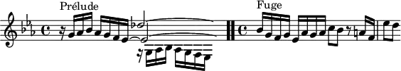 
\version "2.18.2"
\header {
  tagline = ##f
}

\score {
  \new Staff \with {

  }
<<
  \relative c' {
    \key ees \major
    \time 4/4
	\set Staff.midiInstrument = #"harpsichord" 

     %% INCIPIT CBT I-17, BWV 852, mi-bémol majeur
     << { s8*0^\markup{Prélude} s2 des'2~ \hideNotes des8} \\ { s2 r16 g,,16 aes bes aes[ g f ees] } \\ { bes''16\rest g16 aes bes aes g f ees~ \once \override Staff.TimeSignature #'stencil = ##f \time 9/8 ees2~ \hideNotes ees8 } >> \bar ".."
     \time 4/4 \partial 1
     s4*0^\markup{Fuge} bes'16 g f g ees aes g aes c8 bes r8 a16 f ees'8[ d]

  }
>>
  \layout {
     \context { \Score \remove "Metronome_mark_engraver" 
     \override SpacingSpanner.common-shortest-duration = #(ly:make-moment 1/2) 
       }
  }
  \midi {}
}
