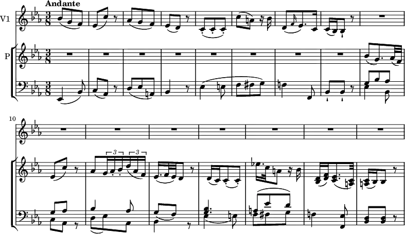 \new GrandStaff <<
\new StaffGroup <<
\new Staff {
\version "2.18.2"
\tempo "Andante"
\clef treble
\key ees \major
\time 3/8
\tempo 4 = 50
\relative c'' {\set Staff.instrumentName = "P"
\repeat unfold 12 {R}
bes8 (g8.) aes32 (f)
ees8 (c') r
aes \tuplet 3/2 {g16 aes-. bes-.} \tuplet 3/2 {d16 (aes f)}
ees16. (f32 es) d8 r
d16 (c) c8-. (c-.)
ees'!16. c32 a8 r16 bes
<bes, d> (<d f>) <c ees>8. (<a c>32)
<a c>16 (bes) bes8 r
}
}
\new Staff {
\clef bass
\key ees \major
\time 3/8
\relative c {
ees,4 (bes'8)
c (aes) r
d (ees a,)
bes4 r8
ees4 (e8 f fis g)
f!4 f,8
bes-! bes-! r
<<{\stemDown ees4 bes8 c aes s d _ (ees) aes, bes4 s8 ees4 _(e8) f fis g} \\ {\stemUp g8 bes aes g aes r bes4 aes8 g8 (f) r <g bes>4. a8 ^(ees' d)}>>
f,!4 <f, ees'>8
<bes d> <bes d> r
}
}
>>
\new Staff { \set Staff.instrumentName = "V1"
\relative c'' {
\key ees \major
\time 3/8
bes8 (g f)
ees (c') r
aes (g f)
ees (d) r
c-. (c-. c-.)
c' (a) r16 bes
d,8 ( \grace f16 (ees8.)) c16
c (bes) bes8-! r
\repeat unfold 24 {R}
}
}
>>