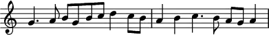 \header {
tagline = ##f
}
\score {
\new Staff \with {
\remove "Time_signature_engraver"
}
<<
\relative c'' {
\key c \major
%\clef bass
\time 3/2
\override TupletBracket #'bracket-visibility = ##f
%%% f° 77v-78
g4. a8 b g b c d4 c8 b a4 b c4. b8 a g a4
}
>>
\layout {
\context { \Score \remove "Metronome_mark_engraver" }
}
\midi {}
}