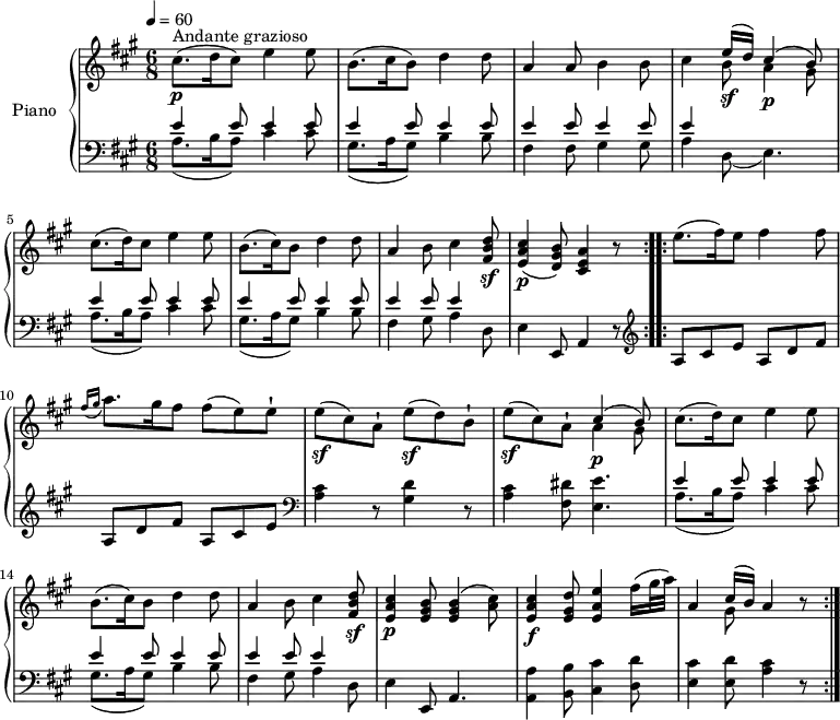 \version "2.14.2"
\header {
tagline = ##f
}
upper= \relative c'' {
\clef treble
\key a \major
\time 6/8
\tempo 4 = 60
\tempo "Andante grazioso"
\set Staff.midiInstrument = #"piano"
\repeat volta 2 {
cis8.\p^\markup { Andante grazioso } (d16 cis8) e4 e8
b8. (cis16 b8) d4 d8
a4 a8 b4 b8
cis4 << {e16\sf (d) cis4 ^(b8) } \\ {b8 a4\p gis8} >>
cis8. (d16) cis 8 e4 e8
b8. (cis16) b8 d4 d8
a4 b8 cis4 <fis, b d>8\sf
< e a cis>4\p (<d gis b>8) < cis e a>4 r8
}
\repeat volta 2 {
e'8. (fis16) e8 fis4 fis8
\grace {fis16 (gis} a8.) gis16 fis8 fis8 (e) e-!
e\sf (cis) a-! e'\sf (d) b-!
e\sf (cis) a-! <<{ cis4 ^(b8)} \\ { a4\p gis8 } >>
cis8. (d16) cis 8 e4 e8
b8. (cis16) b8 d4 d8
a4 b8 cis4 <fis, b d>8\sf
<e a cis>4\p <e gis b>8 <e gis b>4 (<a cis>8)
<e a cis>4\f <e gis d'>8 <e a e'>4 fis'16 (gis32 a)
a,4 <<{cis16 (b)}\\ {gis8}>> a4 r8
}
}
lower=\relative c' {
\clef bass
\key a \major
\time 6/8
\set Staff.midiInstrument = #"piano"
\repeat volta 2 {
<< { e4 e8 e4 e8 } \\ { a,8.( b16 a8) cis4 cis8 } >>
<< { e4 e8 e4 e8 } \\ { gis,8.( a16 gis8) b4 b8 } >>
<< { e4 e8 e4 e8 } \\ { fis,4 fis8 gis4 gis8 } >>
<< { e'4 } \\ { a,4 d,8( e4.) } >>
<< { e'4 e8 e4 e8 } \\ { a,8.( b16 a8) cis4 cis8 } >>
<< { e4 e8 e4 e8 } \\ { gis,8.( a16 gis8) b4 b8 } >>
<< { e4 e8 e4 } \\ { fis,4 gis8 a4 d,8 } >>
e4 e,8 a4 r8
}
\repeat volta 2 {\clef treble
a'8 cis e a, d fis
a, d fis a, cis e
\clef bass
<a, cis>4 r8 < gis d'>4 r8
<a cis>4 <fis dis'>8 <e e'>4.
<< { e'4 e8 e4 e8 } \\ { a,8.( b16 a8) cis4 cis8 } >>
<< { e4 e8 e4 e8 } \\ { gis,8.( a16 gis8) b4 b8 } >>
<< { e4 e8 e4 } \\ { fis,4 gis8 a4 d,8 } >>
e4 e,8 a4.
<a a'>4 <b b'>8 <cis cis'>4 <d d'>8
<e cis'>4 <e d'>8 <a cis>4 r8
}
}
\score {
\new PianoStaff \with { instrumentName = #"Piano" }
<<
\new Staff = "upper" \upper
\new Staff = "lower" \lower
>>
\layout { }
\midi { } }