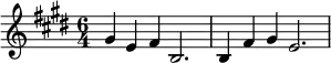\relative c'' {\time 6/4 \key e \major gis4 e fis b,2. | b4 fis' gis e2. |}