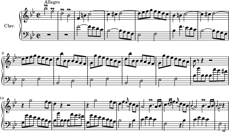 \version "2.18.2"
\header {
tagline = ##f
}
%% les petites notes
trillBesUp = { \tag #'print { bes'2\prall } \tag #'midi { c32 bes c bes~ bes8~ bes4 } }
trillBes = { \tag #'print { bes2\prall } \tag #'midi { c32 bes c bes~ bes8~ bes4 } }
trillF = { \tag #'print { f2\prall } \tag #'midi { g32 f g f~ f8~ f4 } }
trillD = { \tag #'print { d2\prall } \tag #'midi { ees32 d ees d~ d8~ d4 } }
trillBesqp = { \tag #'print { bes4.\prall } \tag #'midi { c32 bes c bes~ bes8~ bes8 } }
appoC = { \tag #'print { \appoggiatura bes4 c2 } \tag #'midi { bes4 c4 } }
fMuet = { \tag #'print { f4 } \tag #'midi { s4 } }
upper = \relative c'' {
\clef treble
\key bes \major
\time 2/2
\tempo 2 = 90
\set Staff.midiInstrument = #"harpsichord"
s8*0^\markup{Allegro}
\trillBesUp \trillF | \trillD \trillBes | \fMuet b4 c2~ | c4 cis d2~ | d8 ees f g f ees d c | bes4 b c2~ | c4 cis d2~ | d8 ees f g f ees d c |
% ms. 9
\repeat unfold 2 { d8 bes' bes, bes bes a g f | g g' f ees d c bes a } |
% ms. 13
bes8 r8 r4 r2 | r4 g'2 f8 ees | d4 r4 r2 | r4 g2 f8 ees |
% ms. 17
d4 f \appoggiatura ees16 d4 c8 bes | a2 \trillBesqp a16 bes | c4 \grace { d16( ees } f4) \appoggiatura ees16 d4 c8 bes | \appoggiatura bes4 a2 \trillBesqp a16 bes |
% ms. 21
\appoC r4 s4
}
lower = \relative c' {
\clef bass
\key bes \major
\time 2/2
\set Staff.midiInstrument = #"harpsichord"
% **************************************
R1*2 | f2~ f8 ees d c | bes2~ bes8 a g f | ees2 f | bes4 f'4. ees8 d c | bes2~ bes8 a g f | ees2 f |
\repeat unfold 2 { bes,2 d | ees f } |
% ms. 13
\repeat unfold 2 { bes8 bes' bes, bes bes a' g fis | g, g' f ees d c bes a } |
% ms. 17
bes2 \repeat unfold 2 { r4 bes4 | c4 ees d c | f,2 } f,2 |
}
thePianoStaff = \new PianoStaff <<
\set PianoStaff.instrumentName = #"Clav."
\new Staff = "upper" \upper
\new Staff = "lower" \lower
>>
\score {
\keepWithTag #'print \thePianoStaff
\layout {
#(layout-set-staff-size 17)
\context {
\Score
\override SpacingSpanner.common-shortest-duration = #(ly:make-moment 1/2)
\remove "Metronome_mark_engraver"
}
}
}
\score {
\keepWithTag #'midi \thePianoStaff
\midi { }
}