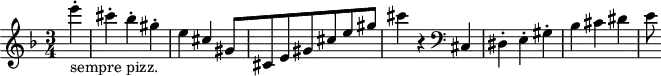 
\header {
  tagline = ##f
}

\score {
  \new Staff \with {

  }
<<
  \relative c'' {
    \clef treble
    \key f \major
    \time 3/4
    \tempo 4 = 155
    %\autoBeamOff
    \set Staff.midiInstrument = #"pizzicato strings"

     %%%%%%%%%%%%%%%%%%%%%%%%%% AB 9-2 th1
     \partial 4 e'4-.-"sempre pizz." cis-. bes-. gis-. e cis[ gis cis,8 e gis cis e gis] cis4 r4 \clef bass cis,,,4 dis-. e-. gis-. bes cis dis e8

  }
>>
  \layout {
    \context { \Score \remove "Metronome_mark_engraver"
    }
  }
  \midi {}
}
