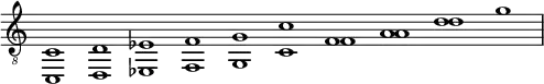 \new Staff \with {\remove "Time_signature_engraver"}{\time 10/1 \clef "G_8" { << {c1 d ees f g c' f a d'} \\ {c,1 d, ees, f, g, c f a d' g'} >>}}