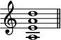 \header {
tagline = ##f
}
\score {
\new Staff \with {
\remove "Time_signature_engraver"
}
\relative c'' {
\key c \major
\time 9/1
\tempo 1 = 60
\autoBeamOff
\clef treble
\override Rest #'style = #'classical
<< a,1 e' a d >>
\bar "||"
}
\layout {
\context {
\Score
\remove "Metronome_mark_engraver"
}
}
\midi {}
}