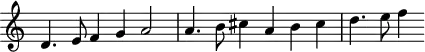 \header {
tagline = ##f
}
\score {
\new Staff \with {
\remove "Time_signature_engraver"
}
<<
\relative c' {
\key c \major
%\clef bass
\time 3/2
\override TupletBracket #'bracket-visibility = ##f
%%% f° 53v-54v
d4. e8 f4 g a2 a4. b8 cis4 a b cis d4. e8 f4
}
>>
\layout {
\context { \Score \remove "Metronome_mark_engraver" }
}
\midi {}
}