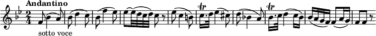 \relative c'' {
\version "2.18.2"
\tempo "Andantino"
\key bes \major
\time 2/4
\tempo 4 = 60
f,8 _ \markup {sotto voce} (bes4 a8)
bes (d4 c8)
bes (f'4 ees8)
ees ~ ees32 (d c d) c8 r
ees8 (c4 b8)
c16. \trill d32 ees4 (cis8)
d8 (bes!4 a8)
bes16. \trill c32 d4 (c16 bes)
bes (a g f) f8 (a16 g)
f8 f r
}