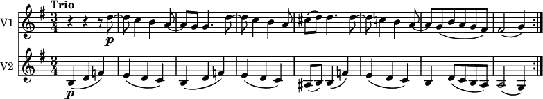<<
\new Staff \with { instrumentName = #"V1 "} \relative c'' {
\version "2.18.2"
\key g \major
\tempo "Trio"
\tempo 4 = 100
\time 3/4
r4 r r8 d8 \p ~ d c4 b a8 ~ a g
g4. d'8 ~ d c4 b a8
cis (d) d4. d8 ~ d
c!4 b a8 ~ a
g (b a g fis)
fis2 (g4) \bar ":|."
}
\new Staff \with { instrumentName = #"V2 "}
\relative c'' {
\key g \major
\clef "treble"
\time 3/4
b,4 \p (d f)
e (d c)
b (d f)
e (d c)
ais8 (b) b4 (f')
e (d c)
b d8 (c b a)
a2 (g4) \bar ":|."
}
>>