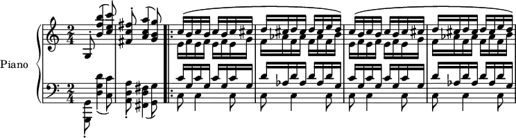 
\version "2.18.2"
\header {
  tagline=##f
}

%%%%%%%%%% KEYS %%%%%%%%%%%%%

global={
           \time 2/4  
           \tempo 4=104 
         }
Key={ \key c \major }

rhUpper=\relative c'' {
  \voiceOne
  \Key
  g,8-. < b' f' b >4( < c e c' >8)|< fis, c' fis >8-. < a c a' >4( < g b g' >8)
   \repeat unfold 2 { \repeat unfold 3 { s4*0\( c16 b } c cis \repeat unfold 3 { d16 cis } e d\) } 
}
rhLower=\relative c' {
  \voiceTwo
  \Key
  s1 \repeat unfold 2 { \repeat unfold 3 { e16 f } e g \repeat unfold 3 { f16 aes } f b }
}

lhUpper=\relative c' {
  \voiceOne
  \Key
  s1 \repeat unfold 2 { \repeat unfold 4 { c16 g } \repeat unfold 3 { d'16 aes } d g, }
}
lhLower=\relative c {
  \voiceTwo
  \Key
  < g g, >8-. < d' g d' >4( < c c' >8) < a d a' >8-. < fis d' fis >4( < g g' >8) \bar ".|:"
  \repeat unfold 4 { c8 c4 c8 }
}

PianoRH={
  \clef treble
  \global
  \set Staff.midiInstrument=#"acoustic grand"
  <<
    \new Voice="one" \rhUpper
    \new Voice="two" \rhLower
  >>
}
PianoLH={
  \clef bass
  \global
  \set Staff.midiInstrument=#"acoustic grand"
  <<
    \new Voice="one" \lhUpper
    \new Voice="two" \lhLower
  >>
}

piano={
  <<
    \set PianoStaff.instrumentName=#"Piano"
    \new Staff="upper" \PianoRH
    \new Staff="lower" \PianoLH
  >>
}

\score {
  \new PianoStaff <<
    \set PianoStaff.instrumentName=#"Piano"
    \new PianoStaff="piano" \piano
  >>
  \layout {
    \context {
      \Score
      \remove "Metronome_mark_engraver"
      \override SpacingSpanner.common-shortest-duration=#(ly:make-moment 1/2)
    }
  }
  \midi { }
}
