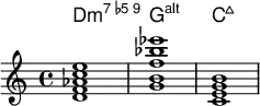 <<
\new ChordNames { \relative {
<d f aes c e>1 <g b d f aes bes cis ees>1 < c e g b>1 }
}
\new Staff \relative c'{
<d f aes c e>1 <g b f' bes ees>1 < c, e g b>1 }
>>