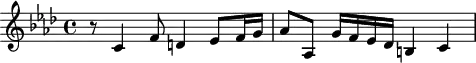 
\header {
  tagline = ##f
}

\score {
  \new Staff \with {

  }
<<
  \relative c' {
    \clef treble
    \key aes \major
    \time 4/4
    \tempo 4 = 70
    \override TupletBracket #'bracket-visibility = ##f 
    %\autoBeamOff
    \set Staff.midiInstrument = #"string ensemble 1"

     %%%%%%%%%%%%%%%%%%%%%%%%%% AB 9-3 th2
     r8 c4 f8 d!4  ees8 f16 g aes8 aes, g'16 f ees des b!4 c
  }
>>
  \layout {
    \context { \Score \remove "Metronome_mark_engraver"
    }
  }
  \midi {}
}
