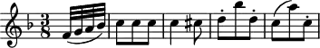 \header {
tagline = ##f
}
\score {
\new Staff \with {
}
<<
\relative c' {
\key f \major
\time 3/8
\override TupletBracket #'bracket-visibility = ##f
%\autoBeamOff
%%%%%%%%%%%%%%%%%%%%%%%%%% K15a/ K. Anh. 109b n° 1
\partial 8 f32( g a bes) c8 c c c4 cis8 d-. bes' d,-. c( a') c,-.
}
>>
\layout {
\context {
\remove "Metronome_mark_engraver"
}
}
\midi {}
}
