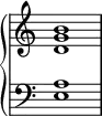 {
\override Score.TimeSignature #'stencil = ##f
\relative c' { \new PianoStaff <<
\new Staff { \clef treble \time 4/4 \hide Staff.TimeSignature <d g b>1 }
\new Staff { \clef bass \time 4/4 \hide Staff.TimeSignature <e, a>1 }
>> }}