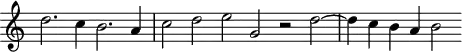 \header {
tagline = ##f
}
\score {
\new Staff \with {
\remove "Time_signature_engraver"
}
<<
\relative c'' {
\key c \major
%\clef bass
\time 4/2
\override TupletBracket #'bracket-visibility = ##f
%%% f° 20v-21v
d2. c4 b2. a4 \time 6/2 c2 d e g, r2 d'2~ \time 4/2 d4 c b a b2
}
>>
\layout {
\context { \Score \remove "Metronome_mark_engraver" }
}
\midi {}
}