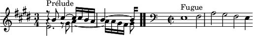 
\version "2.18.2"
\header {
  tagline = ##f
}

\score {
  \new Staff \with {

  }
<<
  \relative c'' {
    \key e \major
    \time 3/4
    \set Staff.midiInstrument = #"harpsichord" 

     %% INCIPIT CBT II-9, BWV 878, mi majeur
     << { r8^\markup{Prélude} b8 cis4~ cis16 cis b a | \once \override Staff.TimeSignature #'stencil = ##f \time 3/4 

{ 
 % suppression des warnings :
 #(ly:set-option 'warning-as-error #f)
 #(ly:expect-warning (_ "stem does not fit in beam")) %% <= à traduire éventuellement
 #(ly:expect-warning (_ "beam was started here")) %% <= à traduire éventuellement
b4~ 
  \set stemRightBeamCount = #2
  b4*1/4[ s]
}

 } \\ { e,2. } \\ { a4\rest f8\rest \stemDown gis8 a4_~ a16 a gis fis gis8 } >> \bar ".."

     \relative c
     \skip 4*1
     \override Staff.Clef.extra-offset = #'( -1 . 0 )
     \clef bass
\override Staff.TimeSignature #'stencil = #ly:text-interface::print
\override Staff.TimeSignature #'text = \markup \musicglyph #"timesig.C22"
     \time 4/2 
     s4*0^\markup{Fugue} e,1 fis2 a gis fis e4

  }
>>
  \layout {
     \context { \Score \remove "Metronome_mark_engraver"  \override SpacingSpanner.common-shortest-duration =
        #(ly:make-moment 1/3) }
  }
  \midi {}
}
