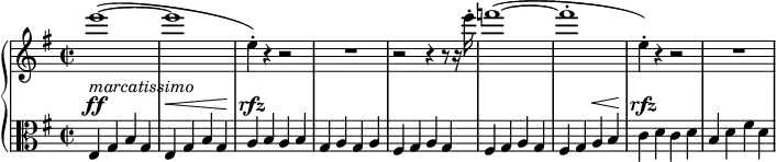 \version "2.18.2"
\header {
tagline = ##f
}
upper = \relative c'' {
\clef treble
\key e \minor
\time 2/2
\set Score.tempoHideNote = ##t
\tempo 2 = 152
\set Staff.midiInstrument = #"piccolo"
%%Chosta — Symphonie 8, thème Allegretto
e'1~( e e,4-.) r4 r2 R1 r2 r4 r8 r16 e'16-. f1~( f-. e,4-.) r4 r2 R1
}
lower = \relative c {
\clef alto
\key e \minor
\time 2/2
\set Staff.midiInstrument = #"string ensemble 1"
e4^\ff^\markup{\italic{marcatissimo}} g b g e^\< g b g\!
a^\rfz b a b g a g a
fis g a g fis g a g
fis g a^\< b\! c^\rfz d c d
b d fis d
}
\score {
\new PianoStaff <<
\new Staff = "upper" \upper
\new Staff = "lower" \lower
>>
\layout {
\context {
\Score
}
}
\midi { }
}