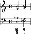 <<\new Staff \relative{\clef treble<f' b>2<g c>}
\new Staff \relative{\clef bass<d aes'>2<ees g>}
\figures {<6+ 5/>2<6 _->}>>