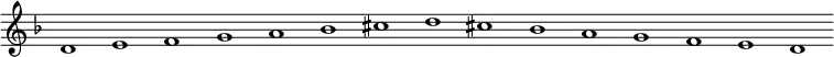 \new Staff {
\relative c' {
\key d \minor
\override Staff.TimeSignature #'stencil = ##f
\override Staff.BarLine #'stencil = ##f
d1 e f g a bes cis d cis bes a g f e d
}
}
\midi {
\context {
\Score
tempoWholesPerMinute = #(ly:make-moment 120 1)
}
}