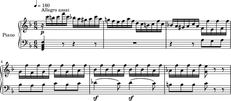 \version "2.14.2"
\header {
tagline = ##f
}
upper= \relative c' {
\clef treble
\key f \major
\time 6/8
\tempo 4 = 160
\set Staff.midiInstrument = #"piano"
r16\p^\markup { Allegro assai} c''16 b c f c bes a gis a c a
g! f e f a f d c b c f c
bes! a gis a c a f f' e, f' f, f'
g, f' f, f' g, f' a, f' g, f' a, f'
bes, f' bes, f' a, f' bes, f' bes, f' a, f'
aes, f' aes, f' aes, f' <g, e'>8 r8 r8
}
lower=\relative c {
\clef bass
\key f \major
\numericTimeSignature
\time 6/8
<f, a c f>4 r8 r4 r8
R2.
r4 r8 a'8 g a
bes a bes c bes c
des4\sf (c8) des4\sf (c8)
b8 b b c r8 r8
}
\score {
\new PianoStaff \with { instrumentName = #"Piano" }
<<
\new Staff = "upper" \upper
\new Staff = "lower" \lower
>>
\layout { }
\midi { } }