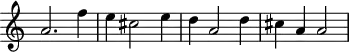 \header {
tagline = ##f
}
\score {
\new Staff \with {
\remove "Time_signature_engraver"
}
<<
\relative c'' {
\key c \major
%\clef bass
\time 2/2
\override TupletBracket #'bracket-visibility = ##f
%%% f° 95v-96
a2. f'4 e cis2 e4 d a2 d4 cis a a2
}
>>
\layout {
\context { \Score \remove "Metronome_mark_engraver" }
}
\midi {}
}