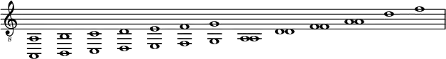 \new Staff \with {\remove "Time_signature_engraver"}{\time 13/1 \clef "G_8" { << {a,1 b, c d e f g a, d f a} \\ {a,,1 b,, c, d, e, f, g, a, d f a d' f'} >>}}