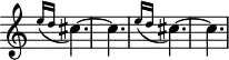 \version "2.18.2"
\header {
tagline = ##f
% composer = ""
% opus = ""
% meter = "Allegro"
}
\score {
\new Staff \with {
\remove "Time_signature_engraver"
}
<<
\relative c' {
\key c \major
\time 3/8
%%%%%%
\repeat unfold 2 { \grace { \tempo 4. = 35 e'16( d } \tempo 4. = 75 cis4.~) | cis } |
}
>>
\layout {
#(layout-set-staff-size 17)
\context { \Score \remove "Metronome_mark_engraver"
\override SpacingSpanner.common-shortest-duration = #(ly:make-moment 1/2)
}
}
\midi { \set Staff.midiInstrument = #"harpsichord" }
}