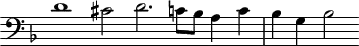 
\header {
  tagline = ##f
}

\score {
  \new Staff \with {
     \remove "Time_signature_engraver"
  }
<<
  \relative c' {
    \key f \major
    \clef bass
    \time 6/2
    \override TupletBracket #'bracket-visibility = ##f 

     %%% f° 103v
     d1 cis2 d2. c8 bes a4 c bes g  bes2 
  }
>>
  \layout {
     \context { \Score \remove "Metronome_mark_engraver" }
  }
  \midi {}
}
