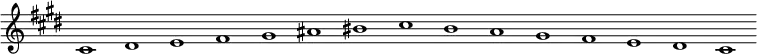 \new Staff {
\relative c' {
\key cis \minor
\override Staff.TimeSignature #'stencil = ##f
\override Staff.BarLine #'stencil = ##f
cis1 dis e fis gis ais bis cis b a gis fis e dis cis
}
}
\midi {
\context {
\Score
tempoWholesPerMinute = #(ly:make-moment 120 1)
}
}