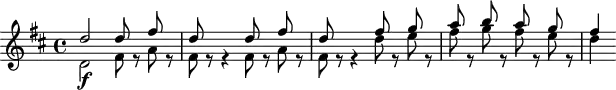 \header {
tagline = ##f
}
\score {
\new Staff \with {
}
<<
\relative c'' {
\key d \major
\time 4/4
\override TupletBracket #'bracket-visibility = ##f
\autoBeamOff
%%%%%%%%%%% K 73n/95 - remonter les silences
<< { d2 d8 s8 fis8 s8 d8 s8 s4 d8 s8 fis8 s8 d8 s8 s4 fis8 s8 g8 s8 a8 s8 b8 s8 a8 s8 g8 s8 fis4 } \\ { d,2\f fis8 r8 a8 r8 fis8 r8 r4 fis8 r8 a8 r8 fis8 r8 r4 d'8 r8 e8 r8 fis8 r8 g8 r8 fis8 r8 e8 r8 d4 } >>
}
>>
\layout {
\context {
\remove "Metronome_mark_engraver"
}
}
\midi {}
}