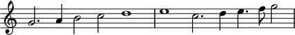 \header {
tagline = ##f
}
\score {
\new Staff \with {
\remove "Time_signature_engraver"
}
<<
\relative c'' {
\key c \major
%\clef bass
\time 6/2
\override TupletBracket #'bracket-visibility = ##f
%%% f° 11...
g2. a4 b2 c d1 e c2. d4 e4. f8 g2
}
>>
\layout {
\context { \Score \remove "Metronome_mark_engraver" }
}
\midi {}
}