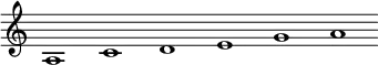 \relative c' {\override Score.BarLine.stencil = ##f \override Score.TimeSignature.stencil = ##f a1 c d e g a}