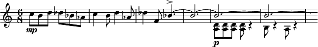 \version "2.18.2"
\header {
tagline = ##f
}
\score {
\new Staff \with {
}
<<
\relative c'' {
\key c \major
\time 6/8
\tempo 4. = 120
\override TupletBracket #'bracket-visibility = ##f
% thème mvt 1
c8\mp b d des bes aes c4 b8 d4 aes8 des4 f,8
<< { bes4.~-> bes2.~ bes~ bes~ \hideNotes bes8 } \\ { s4.*3 < a, d >8\p < a d > q q r4 b8 r4 a8 r4 } >>
}
>>
\layout {
\context { \Score \remove "Metronome_mark_engraver" }
}
\midi {}
}