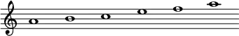 \relative c'' {\override Score.BarLine.stencil = ##f \override Score.TimeSignature.stencil = ##f a1 b c e f a}