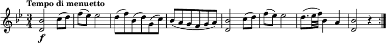 \relative c'' {
\version "2.18.2"
\key bes \major
\tempo "Tempo di menuetto"
\tempo 4 = 120
\time 3/4
<d, bes'>2 \f c'8 (d)
f (ees) ees2
d8 (f) bes, (d) g, (c)
bes (a g f g a)
<d, bes'>2 c'8 (d)
f (ees) ees2
d8. (ees32 f) bes,4 a
<d, bes'>2 r4 \bar ":|."
}