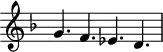 \version "2.18.2"
\header {
tagline = ##f
}
\score {
\new Staff \with {
\remove "Time_signature_engraver"
}
\relative c'' {
\key f \major
\time 6/4
\tempo 4 = 60
\autoBeamOff
\clef treble
\override Rest #'style = #'classical
\set Staff.midiInstrument = #"violin"
g4. f ees d
}
\layout {
\context {
\Score
\remove "Metronome_mark_engraver"
}
}
\midi {}
}