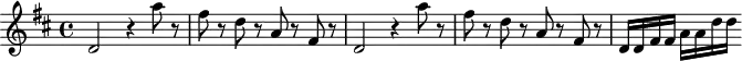 \header {
tagline = ##f
}
\score {
\new Staff \with {
}
<<
\relative c'' {
\key d \major
\time 4/4
\override TupletBracket #'bracket-visibility = ##f
%\autoBeamOff
%%%%%%% K 87 - ouverture Mitridate
\repeat unfold 2 { d,2 r4 a''8 r8 fis r8 d r8 a r8 fis r8 }
d16 d fis fis a a d d
}
>>
\layout {
\context {
\remove "Metronome_mark_engraver"
}
}
\midi {}
}