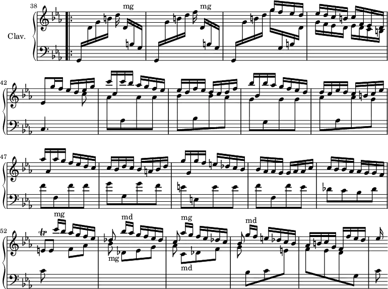 
\version "2.18.2"
\header { 
  tagline = ##f
}

%% les petites notes
trillEq     = { \tag #'print { e8\trill } \tag #'midi { f32 e f e } }

upper = \relative c'' {
  \clef treble
  \key c \minor
  \time 2/4
  \tempo 4 = 90
  \set Staff.midiInstrument = #"harpsichord"
  \omit Staff.TimeSignature
  \set Score.currentBarNumber = #38
    \bar ""

    \bar ".|:"
    \stemUp \change Staff = "lower" g,,16 \stemDown \change Staff = "upper" d''16 g b d  \stemUp d,16[^"mg" \stemUp \change Staff = "lower" b16 g] | g, \stemDown \change Staff = "upper" g''16 b d f \stemUp d,[^"mg" \stemUp \change Staff = "lower" b g] | g,16 \stemDown \change Staff = "upper" g''16 b d | \stemUp g16 f ees d | ees d c b c f, ees d | 
     % ms. 42
     ees8 g'16 f ees  d ees16 g | c16 c, c' bes aes g f ees | ees d f ees  d c d f | bes bes, bes' aes g f ees d | 
     % ms. 46
     d16 c ees d  c b c ees | aes aes, aes' g f ees d c | c bes d c bes a bes d | g g, g' f e des c bes |
     % ms. 50
     bes16 aes aes g  g aes aes c | c bes bes aes  aes g g f | \trillEq e8 \stemDown f aes | bes8 \stemUp bes'16[^"md" aes] g f ees des |
     % ms. 54
     c8 \stemDown c,[^"mg" des f] | g \stemUp g'16[^"md" f] e des c bes | aes b c g  f f' ees d | ees % << { s8 g8 f16 ees d c } \\ { ees16 f g d c8 } >> 

}

lower = \relative c' {
  \clef bass
  \key c \minor
  \time 2/4
  \set Staff.midiInstrument = #"harpsichord"
  \omit Staff.TimeSignature

    % *****************************
      s1 s4 \stemDown \change Staff = "upper" g''16 \stemUp \change Staff = "lower" g,,16 b \stemDown \change Staff = "upper" d16 | g16 f ees d  ees d c b |
      % ms. 42
      \stemUp \change Staff = "lower" c,4. \stemDown \change Staff = "upper" c''8 | aes[ \change Staff = "lower" aes, \change Staff = "upper" aes' aes] | bes[ \change Staff = "lower" bes,  \change Staff = "upper" bes' aes] | g[ \change Staff = "lower" g, \change Staff = "upper" g' g] | 
      % . ms. 46
      aes8[ \change Staff = "lower" aes, \change Staff = "upper" aes' g] | \change Staff = "lower" f[ f, f' f] | g[ g, g' f] | e[ e, e' e]
      % ms. 50
      f8[ f, f' ees] | des[ c bes  des] | c \stemUp \change Staff = "upper" c''16^"mg"[ bes] aes g f ees |  des8-"mg" \stemDown des,[ ees g] |
      % ms. 54
      aes8 \stemUp aes'16-"md"[ g] f ees des c | bes8 \stemDown \change Staff = "lower" bes,8[ c \change Staff = "upper" e] | f[ ees d  \change Staff = "lower" g,] | c

}

thePianoStaff = \new PianoStaff <<
    \set PianoStaff.instrumentName = #"Clav."
    \new Staff = "upper" \upper
    \new Staff = "lower" \lower
  >>

\score {
  \keepWithTag #'print \thePianoStaff
  \layout {
      #(layout-set-staff-size 17)
    \context {
      \Score
     \override SpacingSpanner.common-shortest-duration = #(ly:make-moment 1/2)
      \remove "Metronome_mark_engraver"
    }
  }
}

\score {
  \keepWithTag #'midi \thePianoStaff
  \midi { }
}
