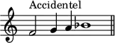 \version "2.14.2"
\header {
tagline = ##f
}
\score {
\new Staff \with {
\remove "Time_signature_engraver"
}
\relative c' {
\key c \major
\time 9/1
\tempo 2 = 80
\clef treble
\set Score.currentBarNumber = #30
\override Rest #'style = #'classical
f2^\markup{Accidentel} g4 a bes1
\bar "||"
}
\layout {
\context {
\Score
\remove "Metronome_mark_engraver"
}
}
\midi {}
}