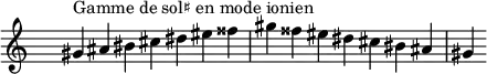 \relative c'' {
\clef treble \time 7/4 \hide Staff.TimeSignature gis4^\markup { Gamme de sol♯ en mode ionien } ais bis cis dis eis fisis gis fisis eis dis cis bis ais gis
}