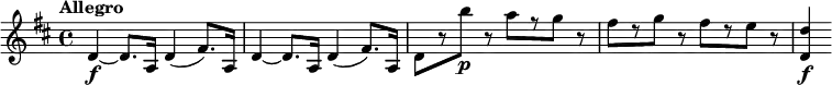 
\relative c' {
  \version "2.18.2"
  \tempo  "Allegro"
  \key d \major
  \tempo 4 = 140
  d4~\f d8. a16 d4( fis8.) a,16 |
  d4~ d8. a16 d4( fis8.) a,16 |
  d8[ r b''\p] r a[ r g] r |
  fis8[ r g] r fis[ r e] r | <d, d'>4\f
}
