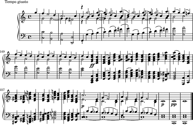 \version "2.18.2"
\header {
tagline = ##f
}
upper = \relative c'' {
\clef treble
\key c \major
\time 4/4
\tempo 2 = 100
\set Score.currentBarNumber = #142
%%Montgeroult — Étude 68 (pdf p. 222, extr. 224)
\partial 4
<< { g'4 f e2 d4 c2. c4 } \\ { s4 g2 g~ g4 g fis2 } >>
<< { r4 g'2 g4~ g g2 a4( d,) g2 g4~ g g2 a4 } \\ { r4 g,2 g4~ g g2 a4( b) g2 g4~ g g2 a4 } \\ { b4 b( c) d_( e) d( c) c4 s4 b4( c) d( e) d( c) c } >>
<< { a'4( g) g( f!) f( e) e( d) d( c) e( d) d( c) c( b) } \\ { b2 c b a g g g f } >> % phrase sur deux portées
<< { d'4 c } \\ { g2 } >>
< e' c g e >4\ff < c g e c > | q^( < b f d b >) < f' d b f > < d b g f > | q^( < c g e >) < g' e c g > < e c g e > < f c a f > q < g e c g > < a ees c a > |
< a d, c a >( < g d b g >) < e c a e > < c a e c > | < c a fis c > < b gis e b > < f'! d! a f! > < d b f d > q < c a e c > < g'! e c g! > < e c g e > < f c a f > < a f c a > < c, a e c > < b f d b >
<< { c2. e,4 g( f2) d4 a' g2 e4 g f2 d4 } \\ { e2.\p c4 c2. b4 c e2 c4 c2. b4 } >>
c1\p c \pp c \bar "|."
}
lower = \relative c {
\clef bass
\key c \major
\time 4/4
s4 < c' c, >2 < b b, > < a a, > < d, d, > g,4-! g'( a-!) b( c-!) d( e-!) fis( g-!)
g,4( a-!) b( c-!) d( e-!) fis
< g g, >2 < a g, > < g g, > < f g, > < e g, > < f g, > < e g, > < d g, > % phrase a traiter
< e c >2 < c, g e c >4 < e, g c e > | < g c e g >^( < g' d g, >) < g d b g > < b g d b >
q^( < c g e c >) q < bes g e bes > < a f c a > q < g e c g > < fis ees c fis, > |
< g d b g >2 < a, a, >4 < c c, > | < dis c a dis, > < e b gis e > < d a f d > < g d b g >
< gis f d b gis >4 < a e c a > < bes g e bes >2 | < a f c a >4 < f c a f > < g e c g > < g f d g, >
<< { c,4 c'( b bes) a( aes g f) e \tempo 2 = 92 c'( b bes) a( aes g f) e1 e e } \\ { c1~ c~ c~ c c < c c, >1 q } >>
}
\header {
piece = "Tempo giusto"
}
\score {
\new PianoStaff <<
\new Staff = "upper" \upper
\new Staff = "lower" \lower
>>
\layout {
\override TupletBracket.bracket-visibility = ##f
\context {
\Score
\remove "Metronome_mark_engraver"
}
}
\midi { }
}