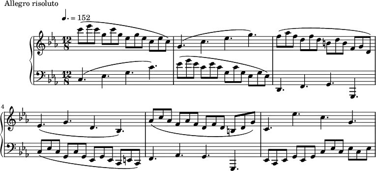 \version "2.18.2"
\header {
tagline = ##f
}
upper = \relative c'' {
\clef treble
\key c \minor
\time 12/8
\tempo 4. = 152
%\autoBeamOff
%%Montgeroult — Étude 29 (pdf p. )
c'8( ees c g c g ees g ees c ees c) g4.( c ees g)
f8( aes f d f d b! d b f g d)
ees4.( g d bes)
aes'8( c aes f aes f d f d b! d g)
c,4. ees' c g
}
lower = \relative c {
\clef bass
\key c \minor
\time 12/8
c4.( ees g c) ees8( g ees c ees c g c g ees g ees)
d,4. f g g,
c'8( ees c g c g ees g ees c e! c)
f4. aes g g,
ees'8 c ees g ees g c ees c ees c ees
}
\header {
piece = "Allegro risoluto"
}
\score {
\new PianoStaff <<
\new Staff = "upper" \upper
\new Staff = "lower" \lower
>>
\layout {
\context {
\Score
}
}
\midi { }
}